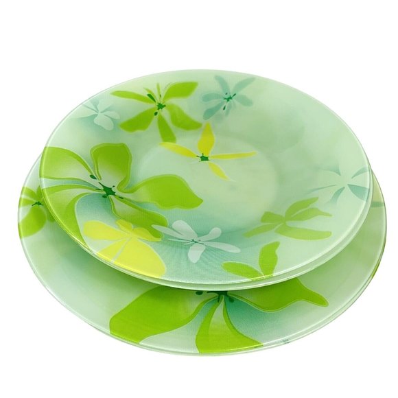 Luminarc 2 Dinner Plates 2 Salad Bowls Green Ode Tempered Glass Tableware Floral - Picture 1 of 11